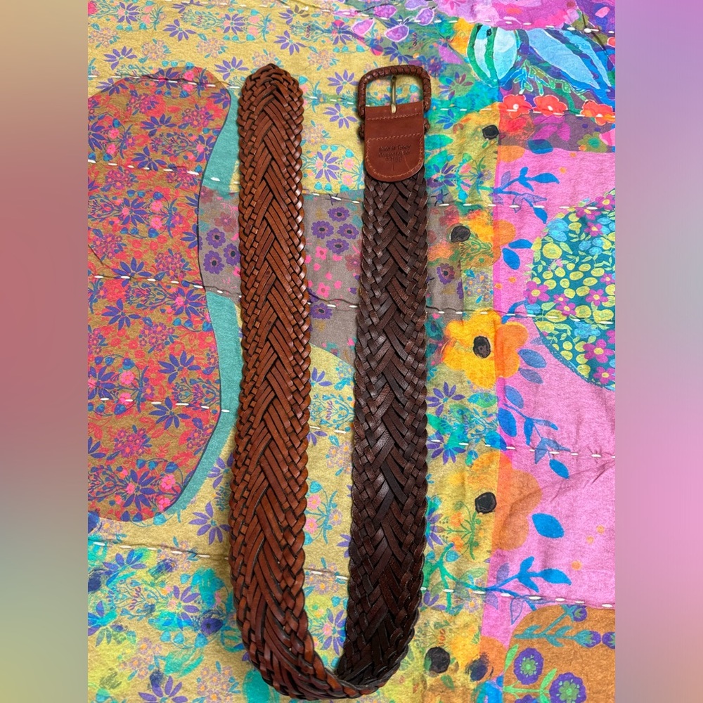 Vintage Woven Leather Belt Western Chunky Buckle Size L Coastal Boho Chic Beach - Picture 4 of 11